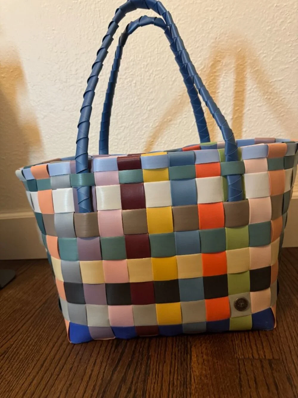 Handed By Paris Recycled Plastic Tote Bag Multi Color with Cream Pom Pom